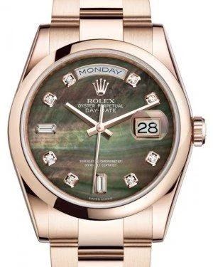 Rolex Day-Date 36 Rose Gold Black Mother of Pearl Diamond Dial & Smooth Domed Bezel Oyster Bracelet 118205