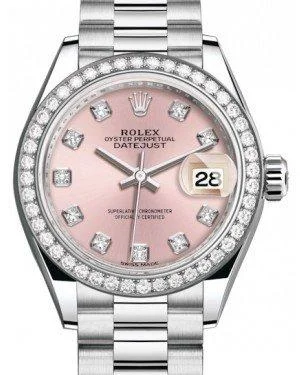 Rolex Lady Datejust 28 Platinum Pink Diamond Dial & Smooth Domed Bezel President Bracelet 279136RBR