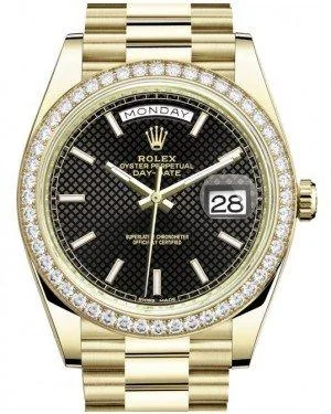 Rolex Day-Date 40 Yellow Gold Black Diagonal Motif Index Dial & Diamond Bezel President Bracelet 228348RBR