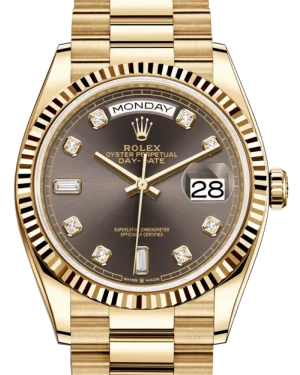 Rolex Day-Date 36 Yellow Gold Dark Grey Diamond Dial & Fluted Bezel President Bracelet 128238