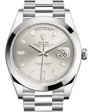 Rolex Day-Date 40mm Platinum Silver Diamond Dial & Smooth Bezel President Bracelet 228206 -  NEW