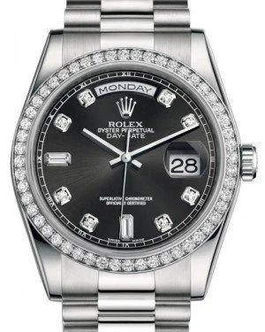 Rolex Day-Date 36 Platinum Black Diamond Dial & Diamond Bezel President Bracelet 118346