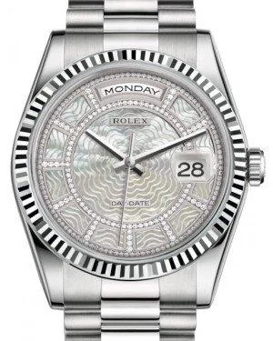 Rolex Day-Date 36 White Gold Carousel of White Mother of Pearl Diamond Dial & Fluted Bezel President Bracelet 118239