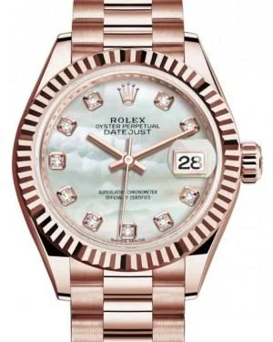 Rolex Lady Datejust 28 Rose Gold White Mother of Pearl Diamond Dial & Fluted Bezel President Bracelet 279175