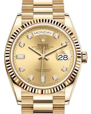 Rolex Day-Date 36 Yellow Gold Champagne Diamond Dial & Fluted Bezel President Bracelet 128238