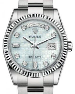 Rolex Day-Date 36 White Gold Platinum Mother of Pearl with Oxford Motif Diamond Dial & Fluted Bezel Oyster Bracelet 118239