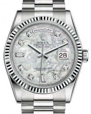 Rolex Day-Date 36 White Gold White Mother of Pearl Diamond Dial & Fluted Bezel President Bracelet 118239