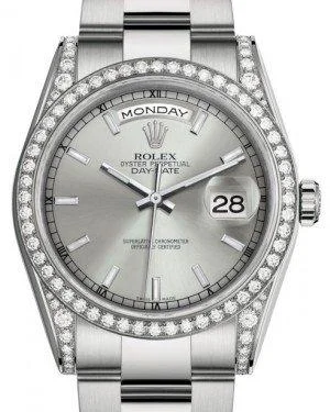 Rolex Day-Date 36 White Gold Silver Index Dial & Diamond Set Case & Bezel Oyster Bracelet 118389