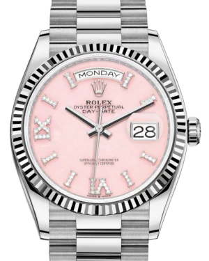 Rolex Day-Date 36 White Gold Pink Opal Diamond Dial & Fluted Bezel President Bracelet 128239