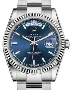 Rolex Day-Date 36 White Gold Blue Index Dial & Fluted Bezel Oyster Bracelet 118239