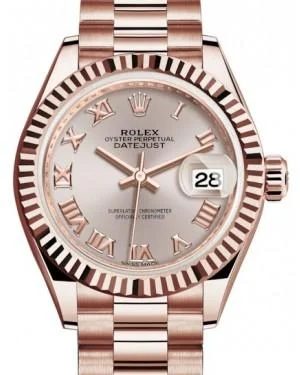 Rolex Lady Datejust 28 Rose Gold Sundust Roman Dial & Fluted Bezel President Bracelet 279175