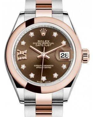 Rolex Lady Datejust 28 Rose Gold/Steel Chocolate Diamond IX Dial & Smooth Domed Bezel Oyster Bracelet 279161