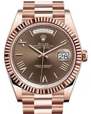 Rolex Day-Date 40 Rose Gold Chocolate Roman Dial & Fluted Bezel President Bracelet 228235 -  New