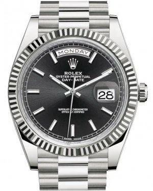 Rolex Day-Date 40 White Gold Black Index Dial & Fluted Bezel President Bracelet 228239 -  New