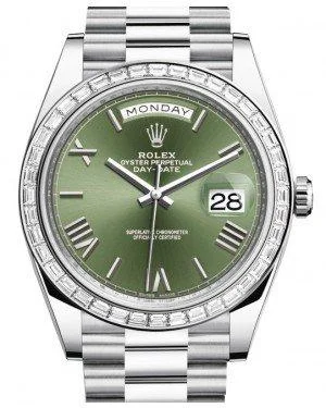 Rolex Day-Date 40 Platinum Olive Green Roman Dial & Diamond Bezel President Bracelet 228396TBR