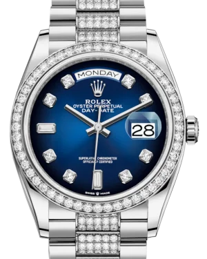 Rolex Day-Date 36 White Gold Blue Ombre Diamond Dial & Diamond Bezel Diamond Set President Bracelet 128239RBR