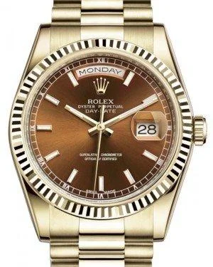 Rolex Day-Date 36 Yellow Gold Cognac Brown Index Dial & Fluted Bezel President Bracelet 118238