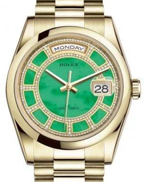 Rolex Day-Date 36 Yellow Gold Carousel of Green Jade Diamond Dial & Smooth Domed Bezel President Bracelet 118208