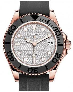 Rolex Yacht-Master 37 Rose Gold Diamond Pave Dial Black Ceramic Bezel Rubber Oysterflex Strap 268655