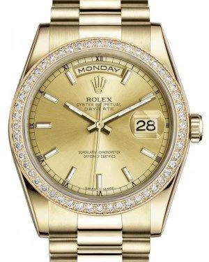 Rolex Day-Date 36 Yellow Gold Champagne Index Dial & Diamond Bezel President Bracelet 118348