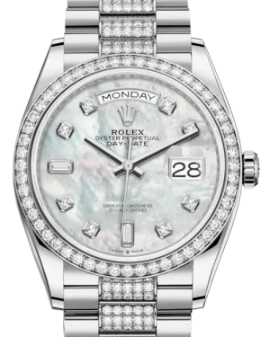 Rolex Day-Date 36 White Gold White Mother of Pearl Diamond Dial & Diamond Bezel Diamond Set President Bracelet 128239RBR