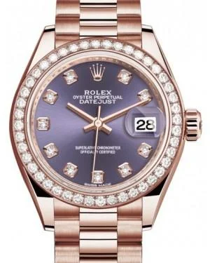 Rolex Lady Datejust 28 Rose Gold Aubergine Diamond Dial & Diamond Bezel President Bracelet 279135RBR