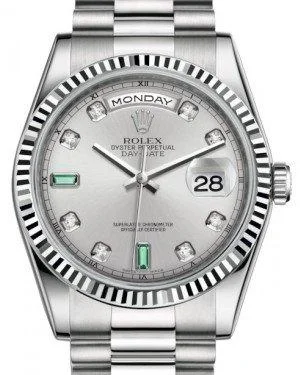 Rolex Day-Date 36 White Gold Rhodium Diamond & Emeralds Dial & Fluted Bezel President Bracelet 118239