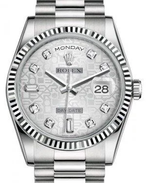 Rolex Day-Date 36 White Gold Silver Jubilee Diamond Dial & Fluted Bezel President Bracelet 118239