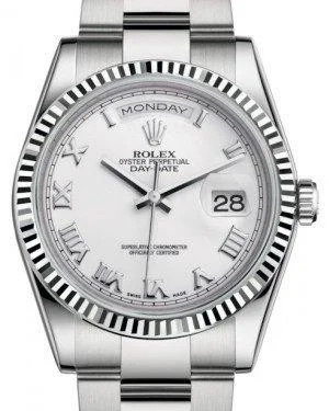 Rolex Day-Date 36 White Gold White Roman Dial & Fluted Bezel Oyster Bracelet 118239