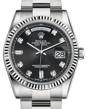 Rolex Day-Date 36 White Gold Black Diamond Dial & Fluted Bezel Oyster Bracelet 118239