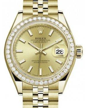 Rolex Lady Datejust 28 Yellow Gold Champagne Index Dial & Diamond Bezel Jubilee Bracelet 279138RBR