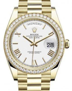 Rolex Day-Date 40 Yellow Gold White Roman Dial & Diamond Bezel President Bracelet 228348RBR