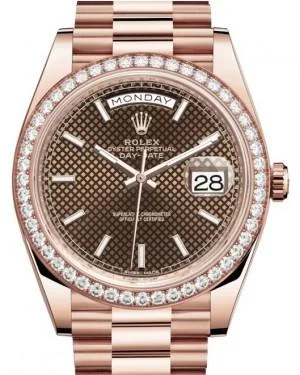 Rolex Day-Date 40 Rose Gold Chocolate Diagonal Motif Index Dial & Diamond Bezel President Bracelet 228345RBR