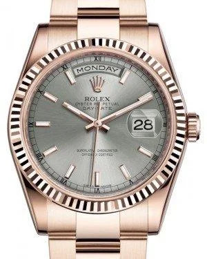 Rolex Day-Date 36 Rose Gold Rhodium Index Dial & Fluted Bezel Oyster Bracelet 118235