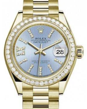 Rolex Lady Datejust 28 Yellow Gold Cornflower Blue Diamond Index/Roman IX Dial & Diamond Bezel President Bracelet 279138RBR