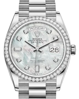 Rolex Day-Date 36 White Gold White Mother of Pearl Diamond Dial & Diamond Bezel President Bracelet 128239RBR