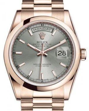 Rolex Day-Date 36 Rose Gold Rhodium Index Dial & Smooth Domed Bezel President Bracelet 118205