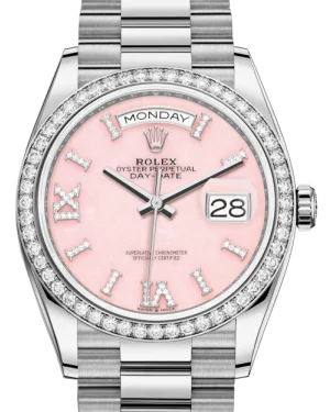 Rolex Day-Date 36 White Gold Pink Opal Diamond Dial & Diamond Bezel President Bracelet 128239RBR