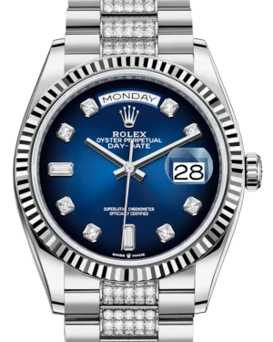 Rolex Day-Date 36 White Gold Blue Ombre Diamond Dial & Fluted Bezel Diamond Set President Bracelet 128239