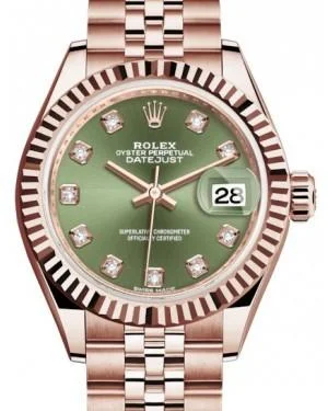 Rolex Lady Datejust 28 Rose Gold Olive Green Diamond Dial & Fluted Bezel Jubilee Bracelet 279175