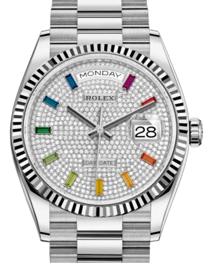 Rolex Day-Date 36 White Gold Diamond Paved Rainbow Colored Sapphires Dial & Fluted Bezel President Bracelet 128239