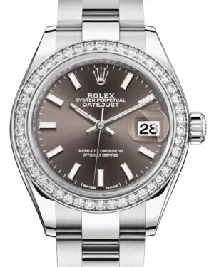 Rolex Lady Datejust 28 White Gold/Steel Dark Grey Index Dial & Diamond Bezel Oyster Bracelet 279384RBR