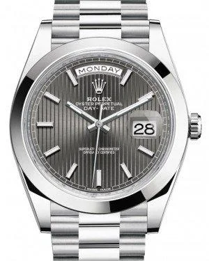 Rolex Day-Date 40mm Platinum Dark Rhodium Stripe Index Dial & Smooth Bezel President Bracelet 228206 -  NEW