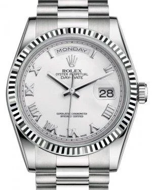 Rolex Day-Date 36 White Gold White Roman Dial & Fluted Bezel President Bracelet 118239