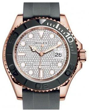 Rolex Yacht-Master 40 Rose Gold Diamond Pave Dial Ceramic Bezel Oysterflex Rubber Bracelet 116655