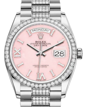 Rolex Day-Date 36 White Gold Pink Opal Diamond Dial & Diamond Bezel Diamond Set President Bracelet 128239RBR