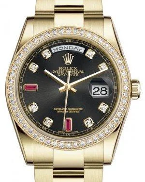 Rolex Day-Date 36 Yellow Gold Black Diamond & Rubies Dial & Diamond Bezel Oyster Bracelet 118348