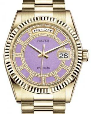 Rolex Day-Date 36 Yellow Gold Carousel of Lavender Jade Diamond Dial & Fluted Bezel President Bracelet 118238