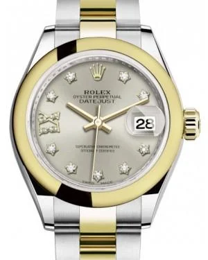 Rolex Lady Datejust 28 Yellow Gold/Steel Silver Diamond IX Dial & Smooth Domed Bezel Oyster Bracelet 279163