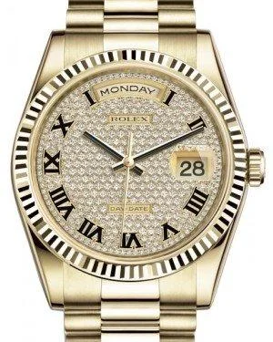 Rolex Day-Date 36 Yellow Gold Diamond Paved Roman Dial & Fluted Bezel President Bracelet 118238